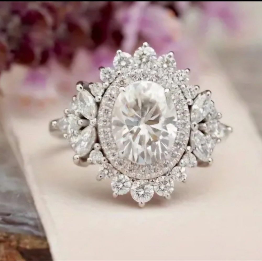 GRA Certified 1.36 Carat VVS1 D EX Oval Cluster Moissanite Diamond Ring